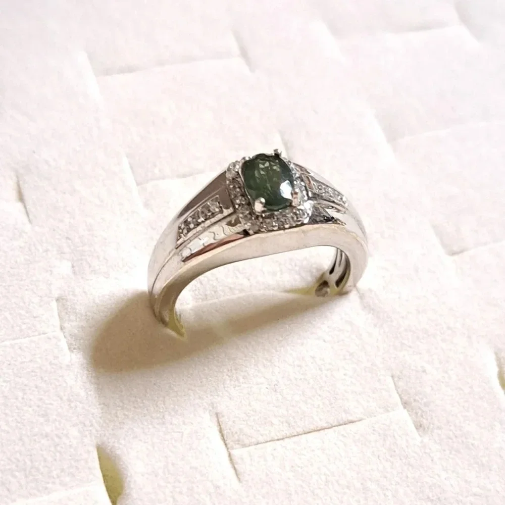 Green Apatite With Natural White Zircon accent Men's Ring.